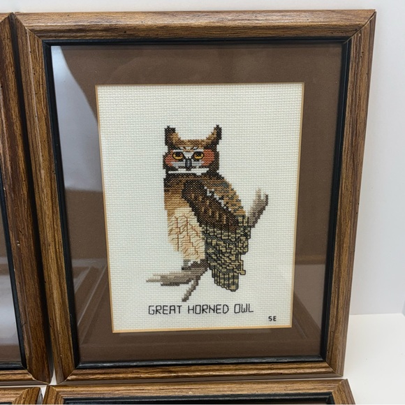 Four VTG 1970s MCM Cottagecore Embroidered Needlepoint Framed Owl 12x9” - Picture 4 of 8